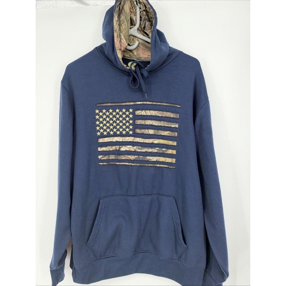 Mossy Oak  Men's Blue USA Flag Embroidered Fleece Pullover Hoodie L